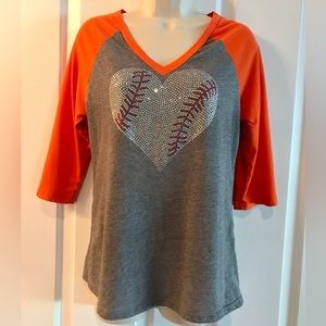 Kavio Med Ladies “Love Baseball” 3/4 length sleeve. Gray/orange w/rhinestones!